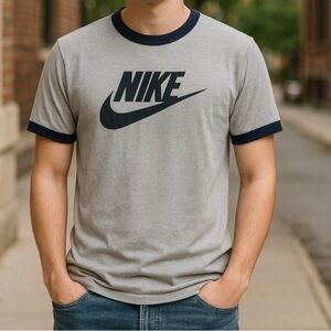 Nike Gray and Navy Blue Center Swoosh Short Sleeve Ringer Tee Size Large 14/16